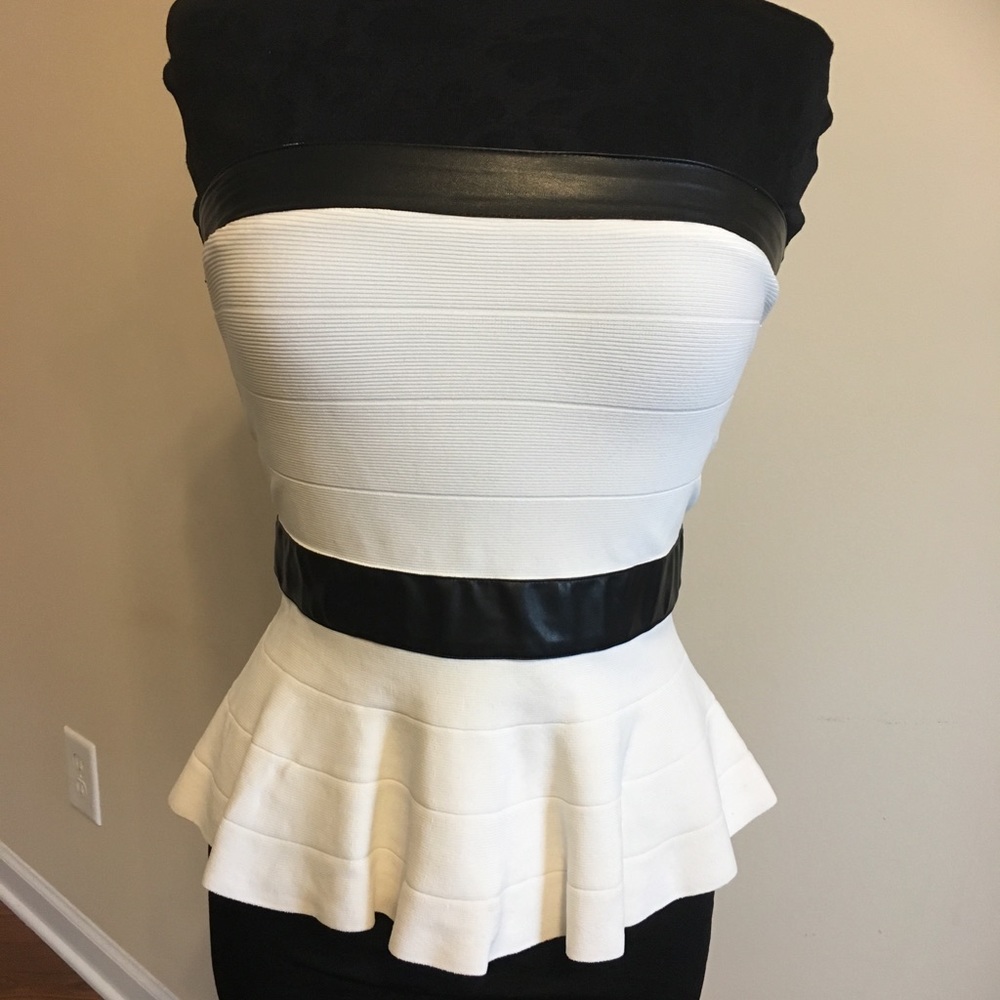 bebe White peplum tube with Black leather detail